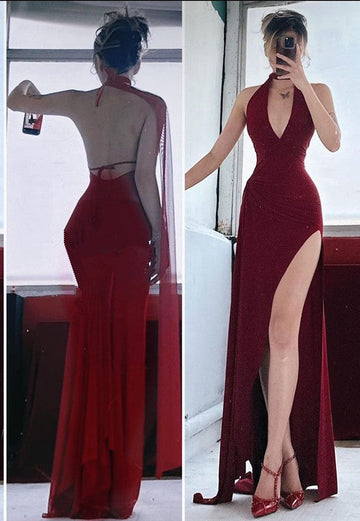 Mermaid V Neckline Red Chiffon Backless Long Prom Dresses Party Dress SD1367